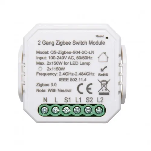 [S04-2C-LN 2] Akubela | QS-Zigbee-S04-2C-LN 2 Gang Zigbee Switch Module - Модул за прекинувач
